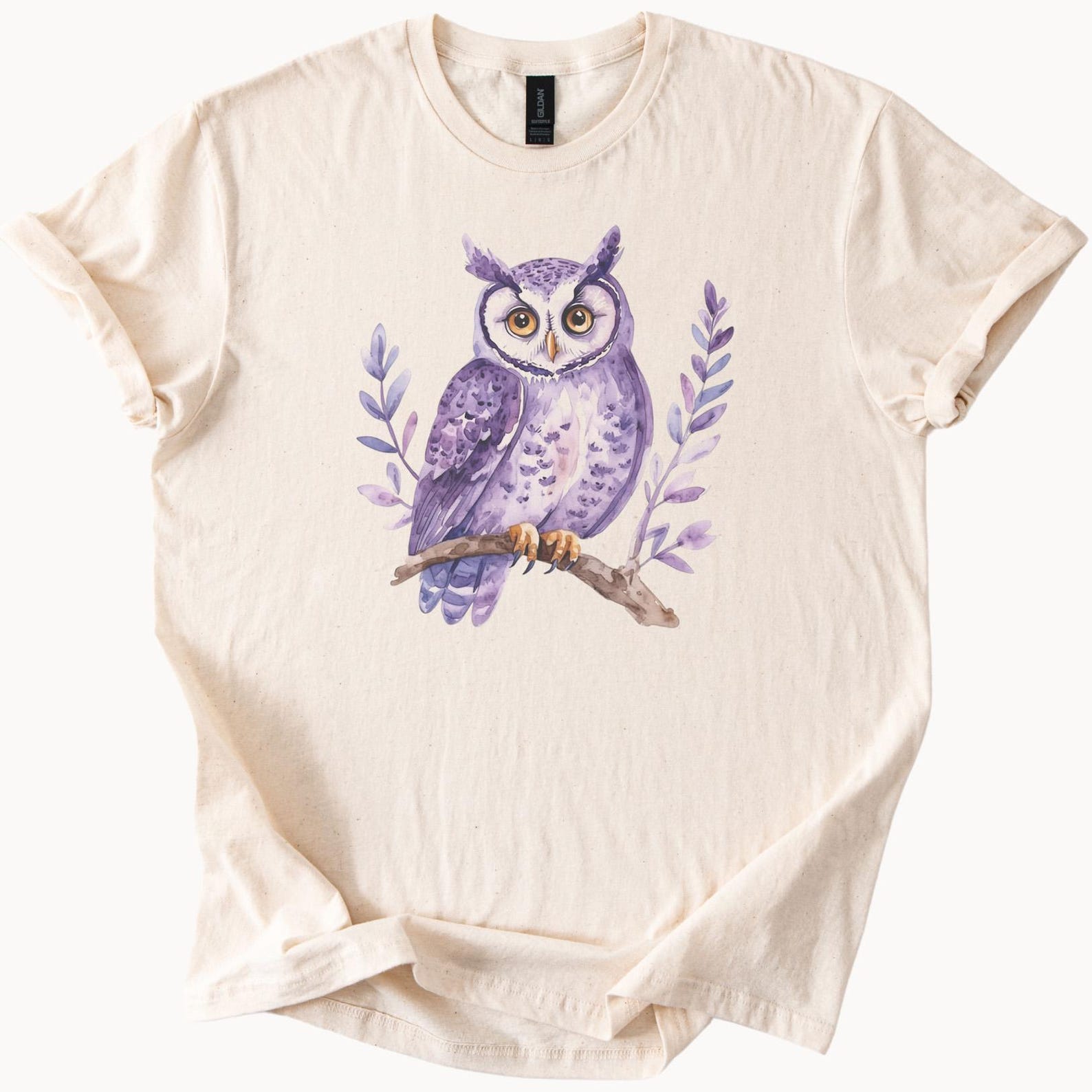 Purple Watercolor Owl Shirt Cute Hand Painted Owl on Branch Nature Wildlife Animal Art Graphic Tee Botanical Leaves TShirt Gift 130