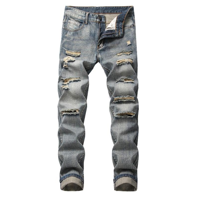 Men's Distressed Straight-Leg Slim-Fit Non-Stretch Denim Jeans Ripped Long Pants