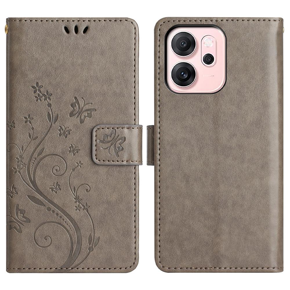 For Oppo Reno14 F 5G Leather Wallet Case Butterfly Flower Imprinted Phone Cover with Strap