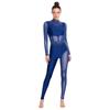 Womens Gymnastics Unitard Bodysuit Rhinestone Sheer Mesh Patchwork Cutout Back Full Body Jumpsuit Figure Skating Wear