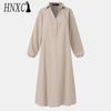 HNXC Women's Fashion Spring Autumn Solid Color Print Long Sleeve High Waist Casual Dresses
