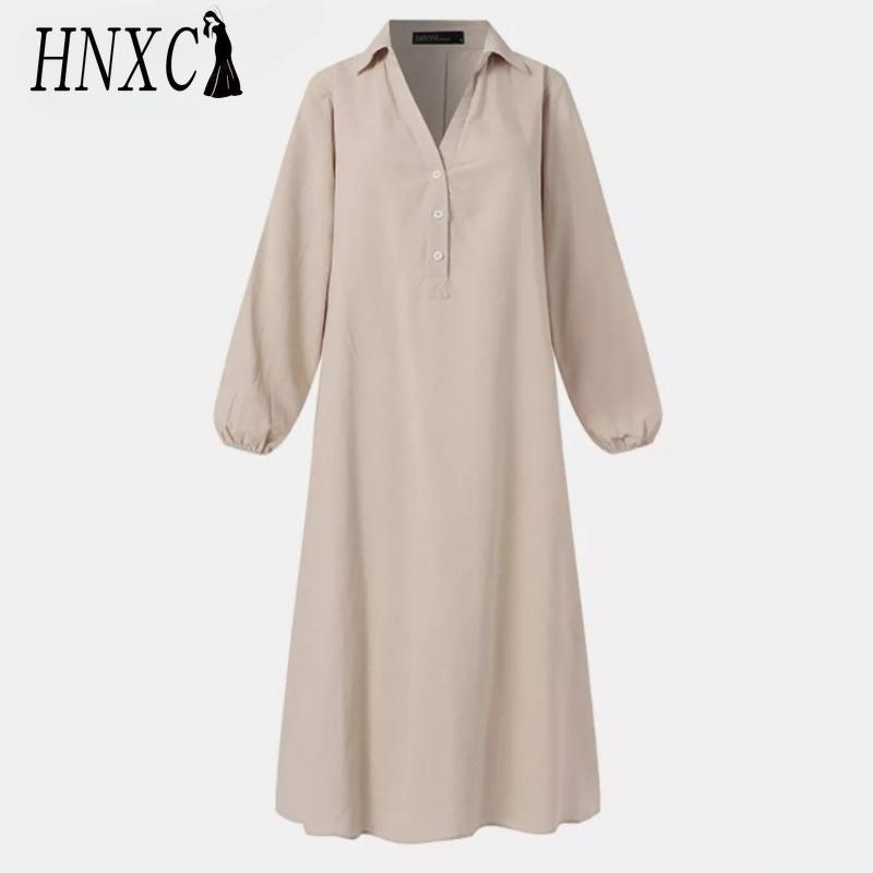 HNXC Women's Fashion Spring Autumn Solid Color Print Long Sleeve High Waist Casual Dresses