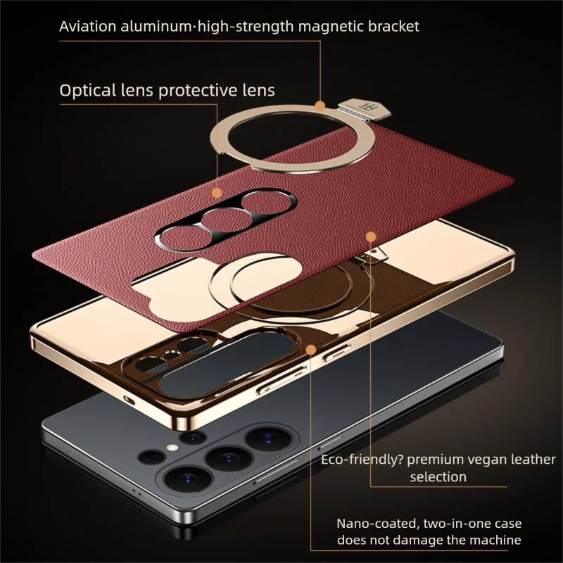 Premium Aviation Aluminum Alloy Bracket Case For Samsung Galaxy S26 Ultra/S25 Ultra/S24 Ultra Magnetic Vegan Leather Stand Cover