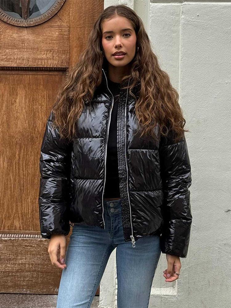 Women's Stand Up Collar Hooded Long Sleeved Zipper Glossy Thick Jacket for Winter