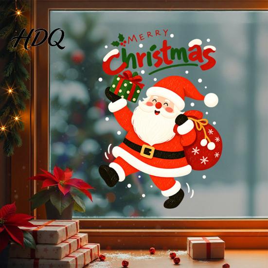 Home Window Ornaments Santa Claus Christmas Cling Static Sticker for Glass Doors Reusable PVC Festive Store Decorations Decal with Gift Bag and Box