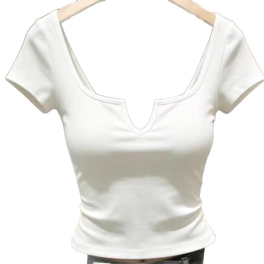 Premium solid color U-neck front shoulder short-sleeved T-shirt women's summer new super good-looking versatile slim-fitting thin short top