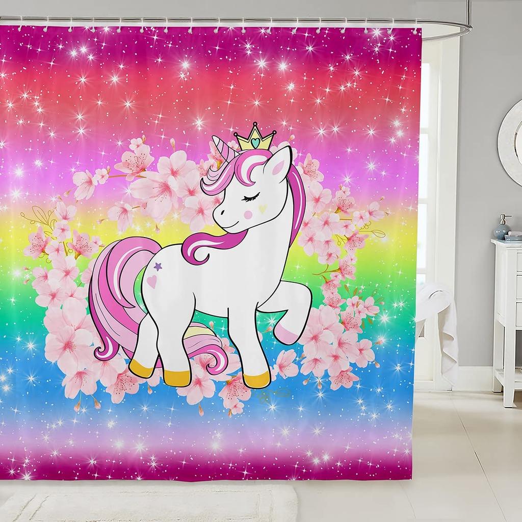 Gradient Purple Shower Curtain, Rainbow Unicorn Bath  Glitter Stars, Waterproof Curtains, Dreaming Cartoon Bathroom Deco