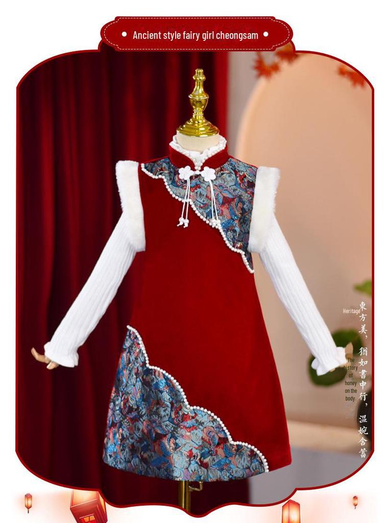 Dívčí zimní teplé plyšové šaty čínského stylu cheongsam hanfu - malé a střední velikosti