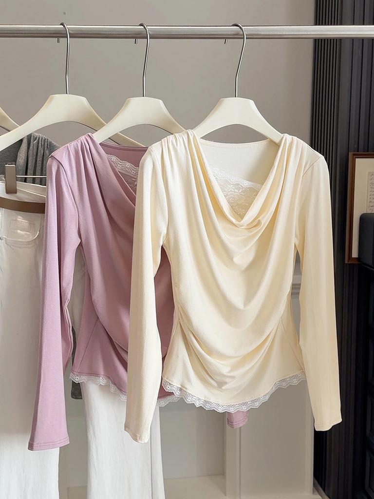 Spring Sweet Lace Patchwork One-Shoulder Slimming Long Sleeve T-Shirt Top