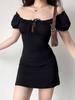 Square Neck Black Dress for Women Slim Fit Bubble Sleeve Midi Dress Party Elegant Vintage Style Clothing Summer