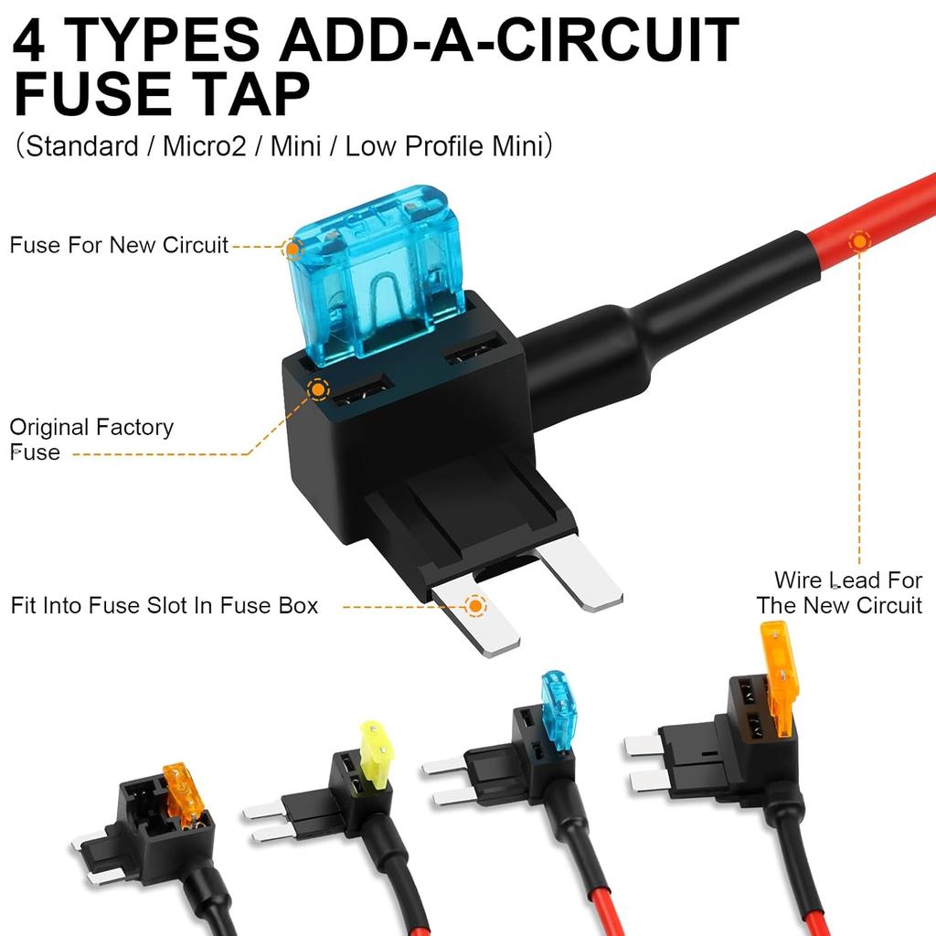 16 Pack 4 Types Fuse Tap, Upgraded 12V Car Add a Circuit Fuse Tap Kit - Standard Mini Micro2 and Low Profile Mini Fuses Taps, ATO ATC ATM APM Fuses