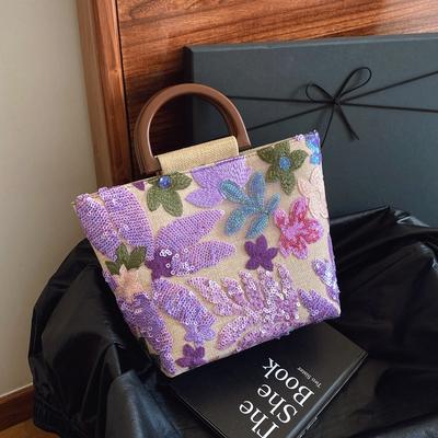 Summer New Arrival Bamboo Handle Elegant Colorful PVC Sequins Linen Embroidery Handheld Tote Bag for Women - Versatile