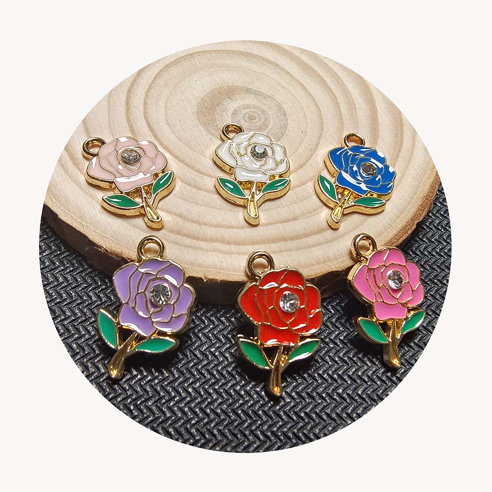 100Pcs Rose Alloy Enamel Pendants With Rhinestone Flower Metal Charms for Necklace Bracelet Jewelry Making Gift