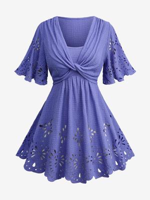 Rosegal Plus Size Twist Floral Hollow Out Plisse Top