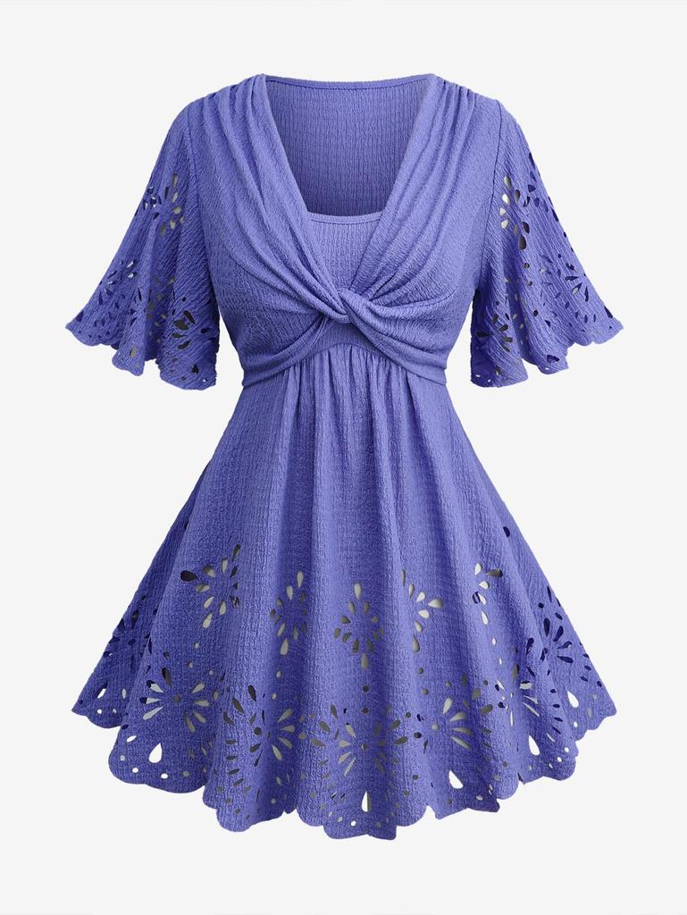 Rosegal Plus Size Twist Floral Hollow Out Plisse Top