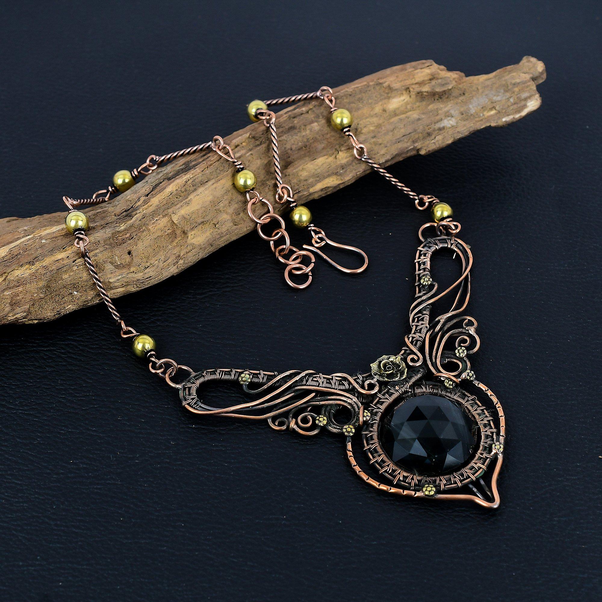 

Ожерелье из дымчатого топаза, ювелирные изделия из драгоценных камней, ожерелье, обернутое медной проволокой 999 пробы, украшения ручной работы, ожерелье с камнем рождения