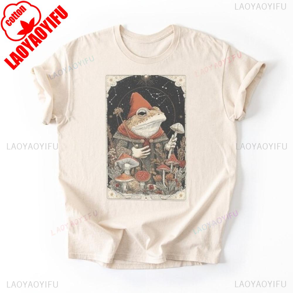 Frog Wizard and Mushroom Tarot TShirt Mystical Spirit Animal Print Shirt Creative Design Unisex Tshirt Men Women Vintage Tee