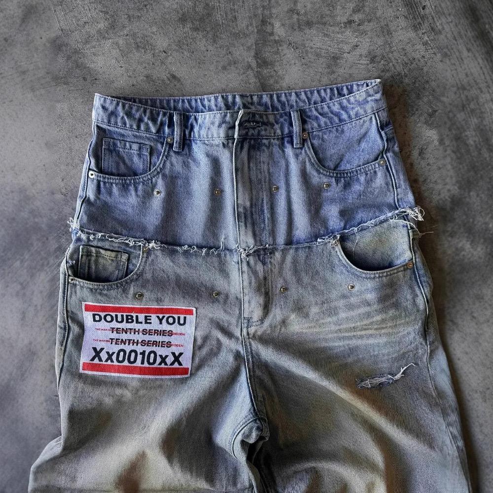 RogueWave Street Hip Hop Letter-print Jeans Men Y2k Goth Punk Harajuku Ripped Wide Leg Pants Retro Loose Straight Leg Double Waisted Pants