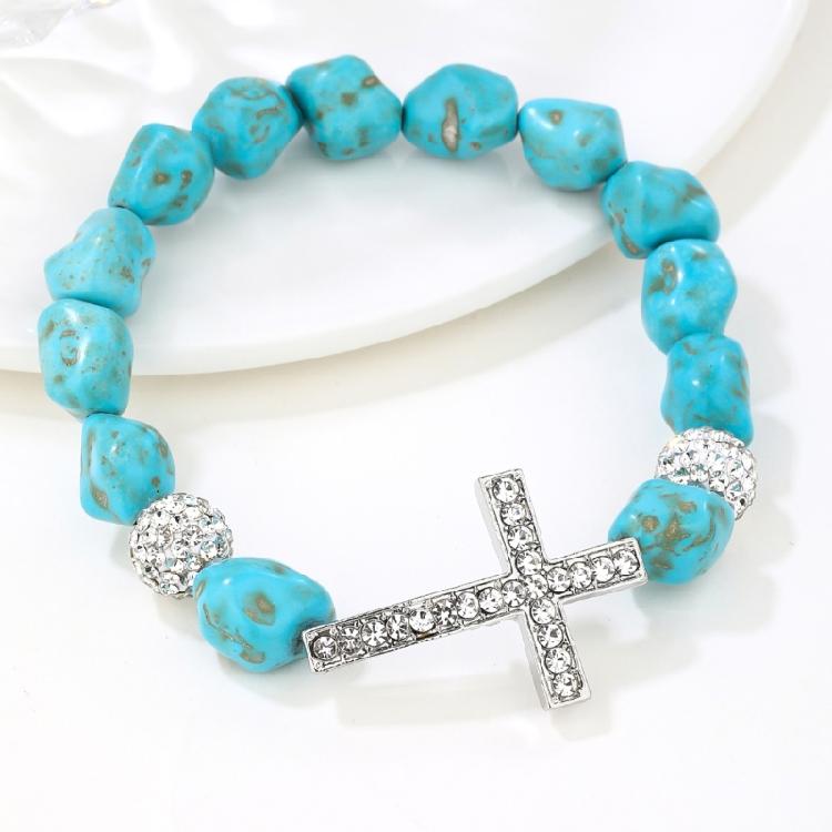 Turquoise Stone Crosses Stretch Bracelet Metal Beaded Elastic Jewelry Portable for Daily or Special Event