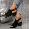 Fashion Women's Chunky Sandals Open-toe High Heels Casual Suede Black Ankle Belt Buckle Fashion Women's Shoes Fish Mouth Heeled Sandal
