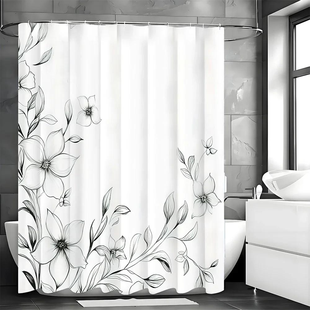 Black and White Floral Botanical Shower Curtain, Bathroom Decorative Shower Curtain, Waterproof Shower Curtain with Hooks