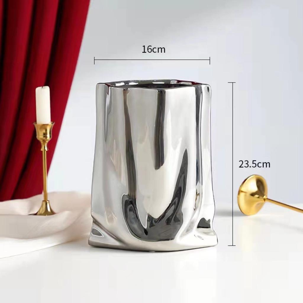 Silver Cloth Bag Ceramic Vase Folded Flower Pot Straight Tube Pleated Stacked Flowerpot Flower Vases Terrarium Home Decoration