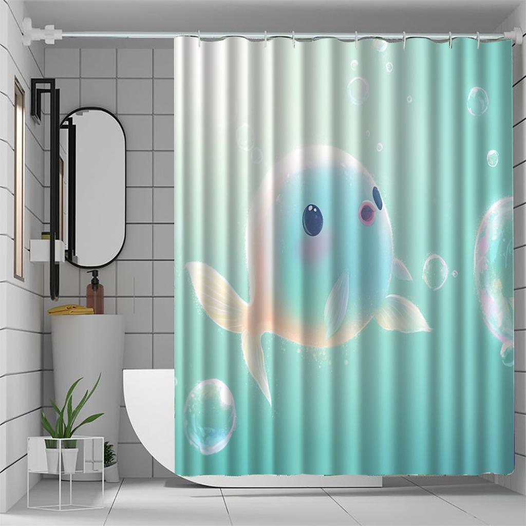 1pc colored small fish pattern shower curtain with hook, bathroom partition, bathroom accessories, home decoration