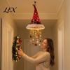 Candy Cane Striped Garland Lights Lighted Santa Hat Hanging Chandelier, Warm LED Christmas String, Sequined Cone Pendant Decor with String for