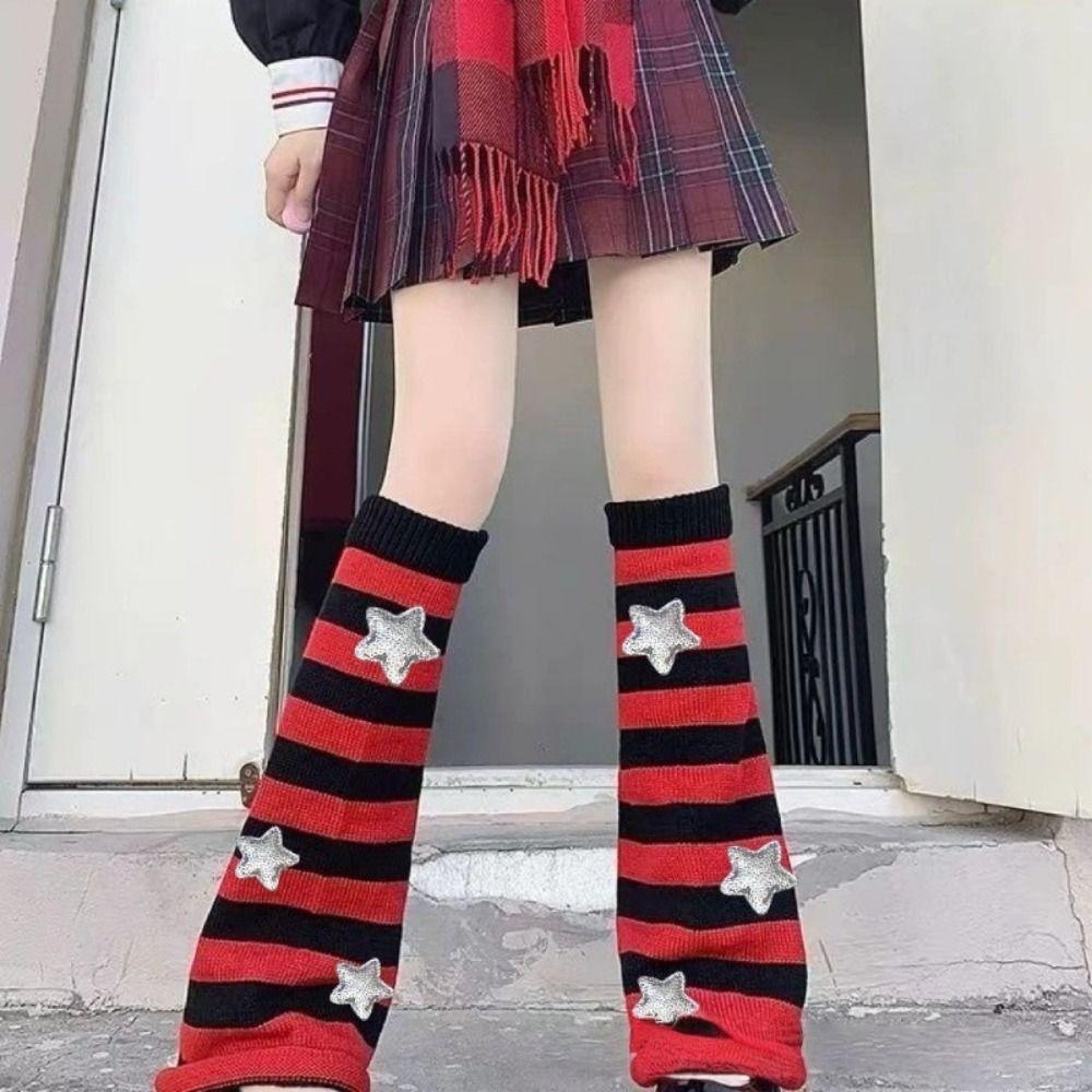 Star Decoration Knit Long Socks Striped Leg Warmers Vintage Boot Cuffs For Women