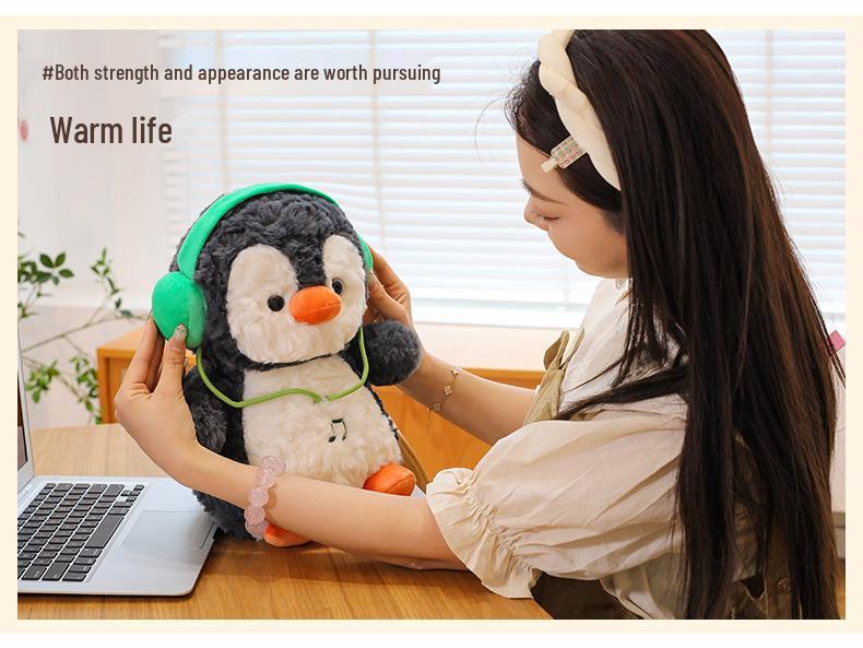 Chubby Penguin Plush Toy with Fun Headphones - Cute Cartoon Doll Gift for Girls