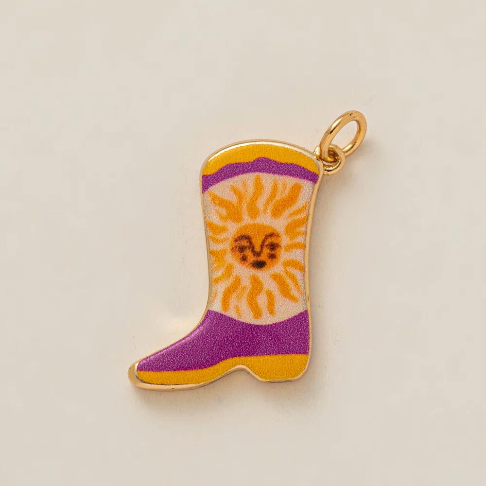 Colorful Enamel Retro Pendant with Cowboy Boots, Horseshoe, and Cross Charms in 18K Gold Copper
