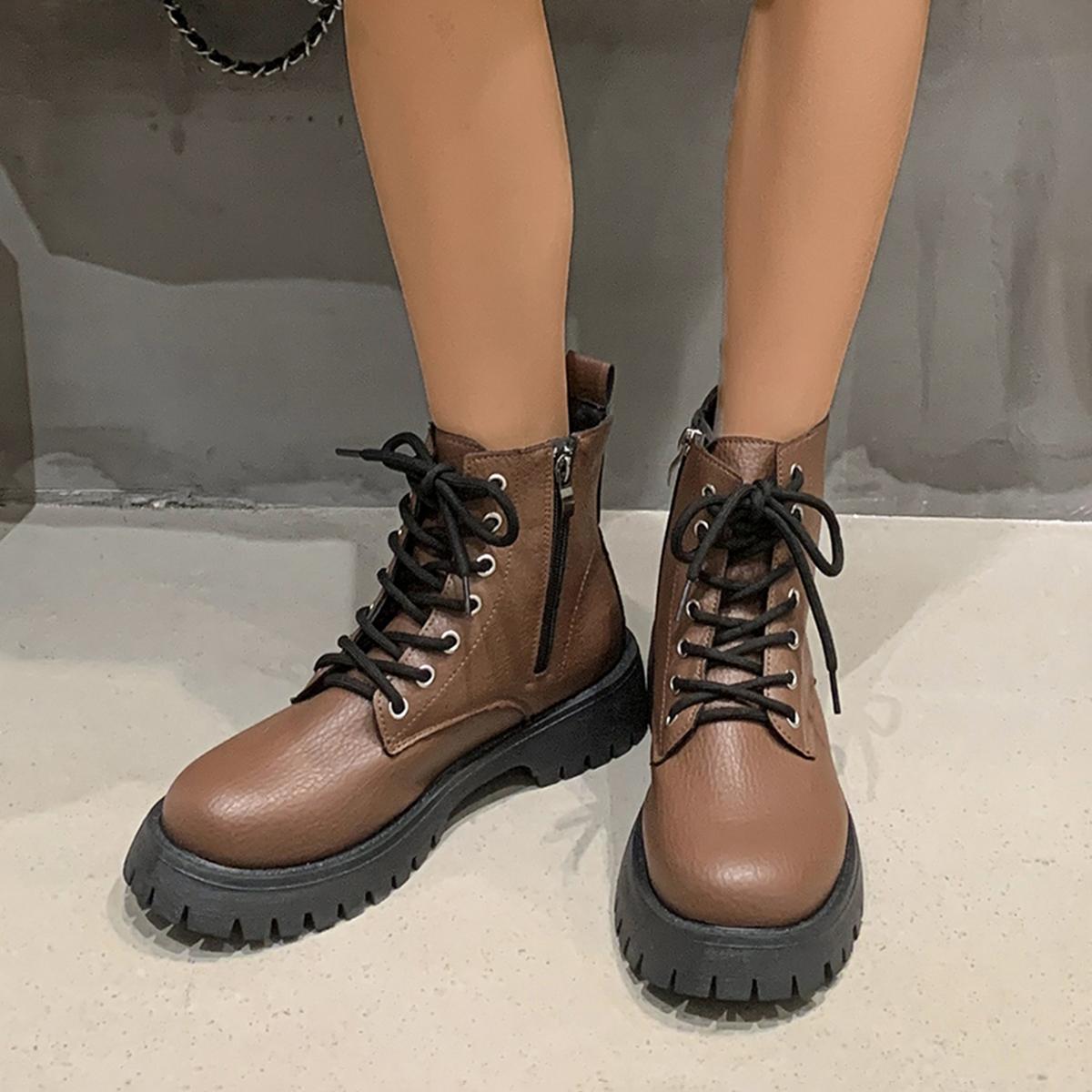 

Fashion New Round Toe Lace up Sexy Thick Sole Casual Work Winter Side Zipper Comfortable Non slip Riding for Women 35