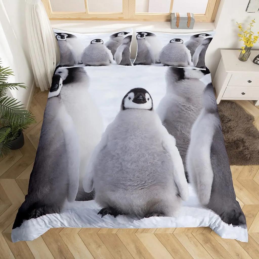 Comforter Penguin Comforter Kawaii Animal Print Black White Little Penguin Blue Iceberg Antarctica Winter Bedding Set