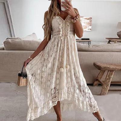 Sleeveless White Dresses Women Summer Maxi Dress Lady Off Shoulder Holiday Lace V Neck Spaghetti Strap Sundress