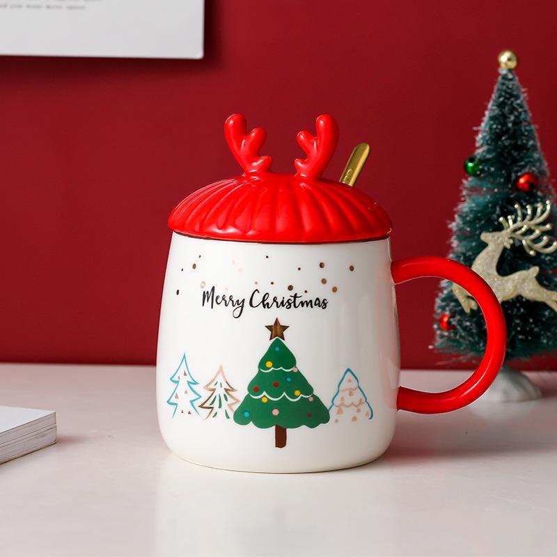Creative Christmas festive gift-giving mug ceramic cartoon cup Nordic couple water cup coffee cup with lid spoon