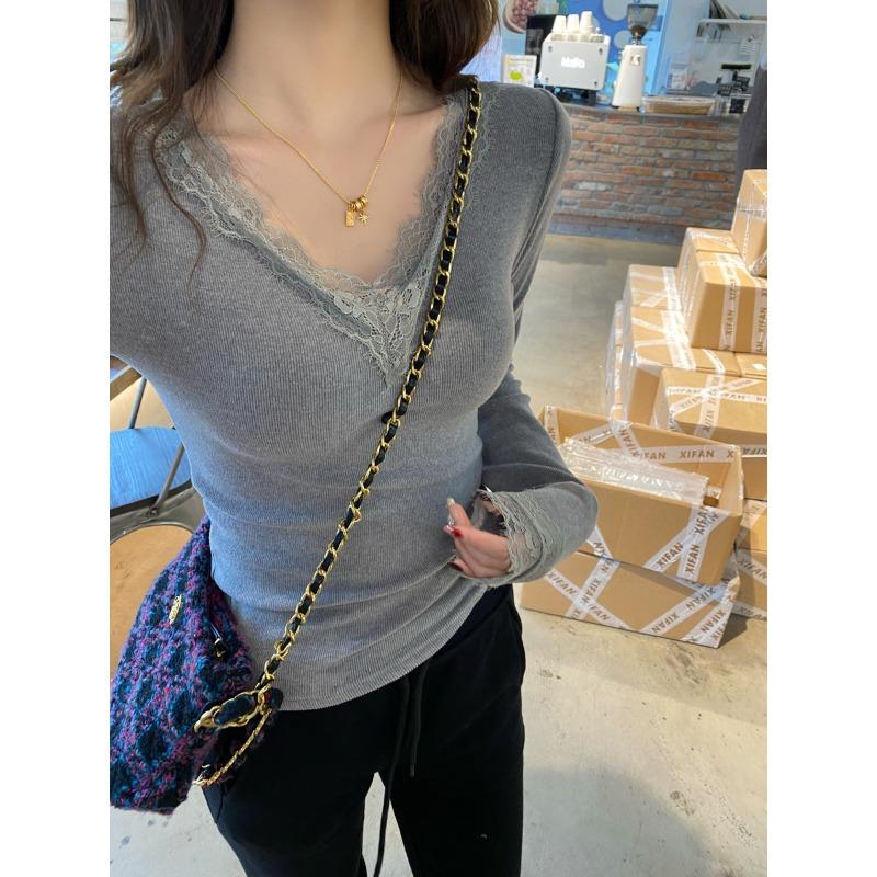 

Кружево на шее с низким вырезом серая базовая рубашка женская внутренняя ранняя осень новая облегающая черно-белый топ One size fits all [recommended 80-60kg] серый