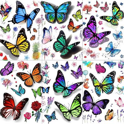 6 feuilles de tatouages ​​temporaires papillon coloré pour femmes filles adultes bras dos seins tatouage autocollant décalcomanies faux tatouages ​​aquarelle 3D réaliste