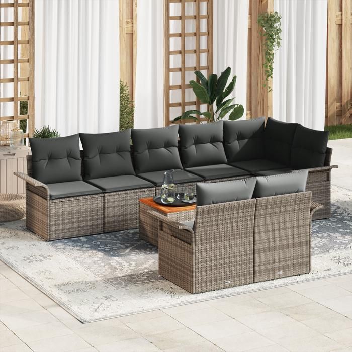 VidaXL Ensemble de canapé de jardin 9 pièces avec coussins gris en rotin synthétique et acacia 3347342