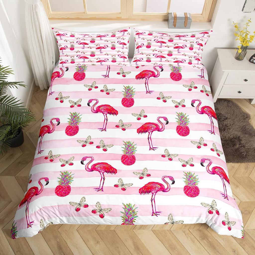 Flamingo Duvet Cover Tropical Animal Bedding Set Floral Comforter Cover For Girls Children Women Bedroom Decor With Pillow Case