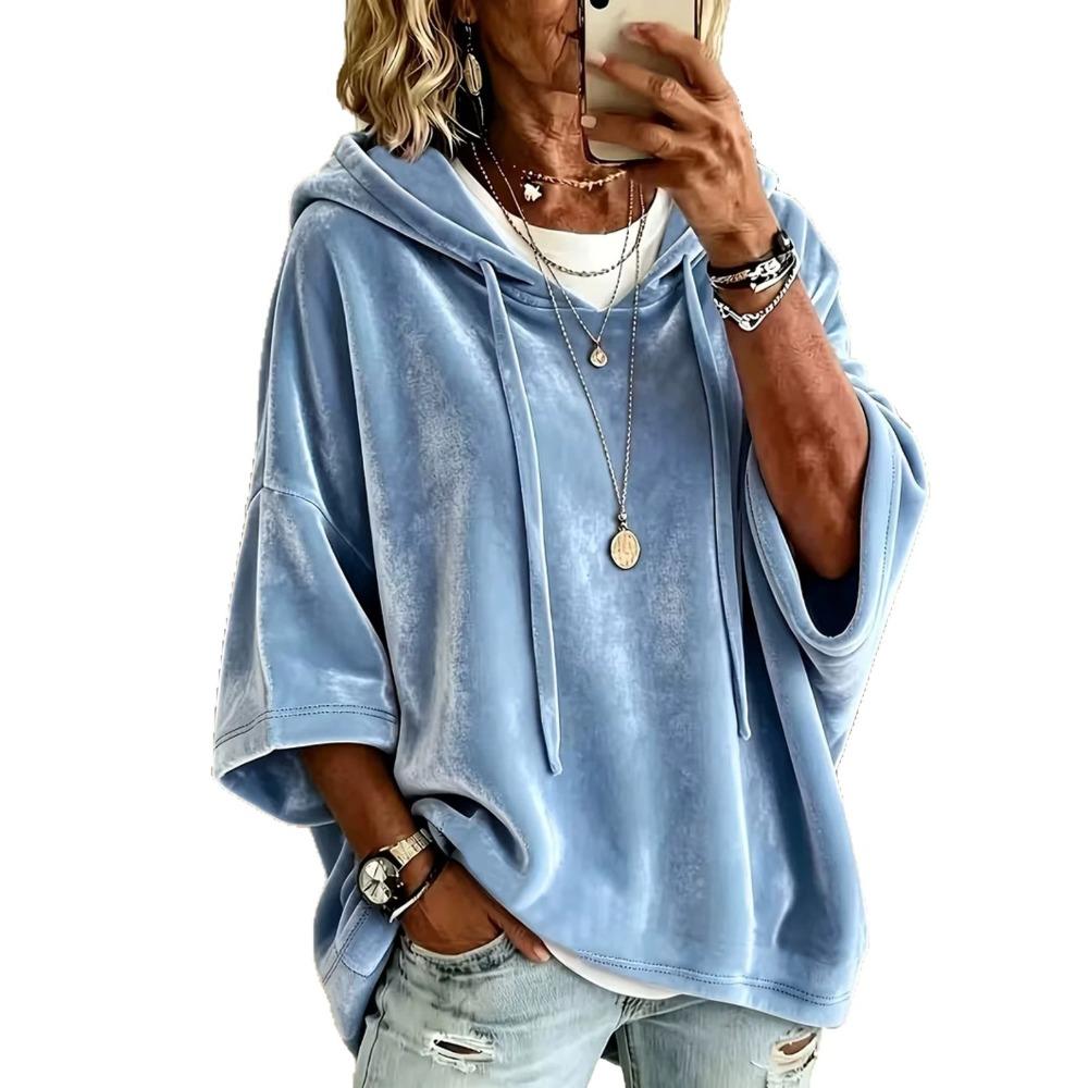 Damska gładka welurowa bluza z kapturem i rękawem 3/4, casualowy top hoodie na jesień zimę