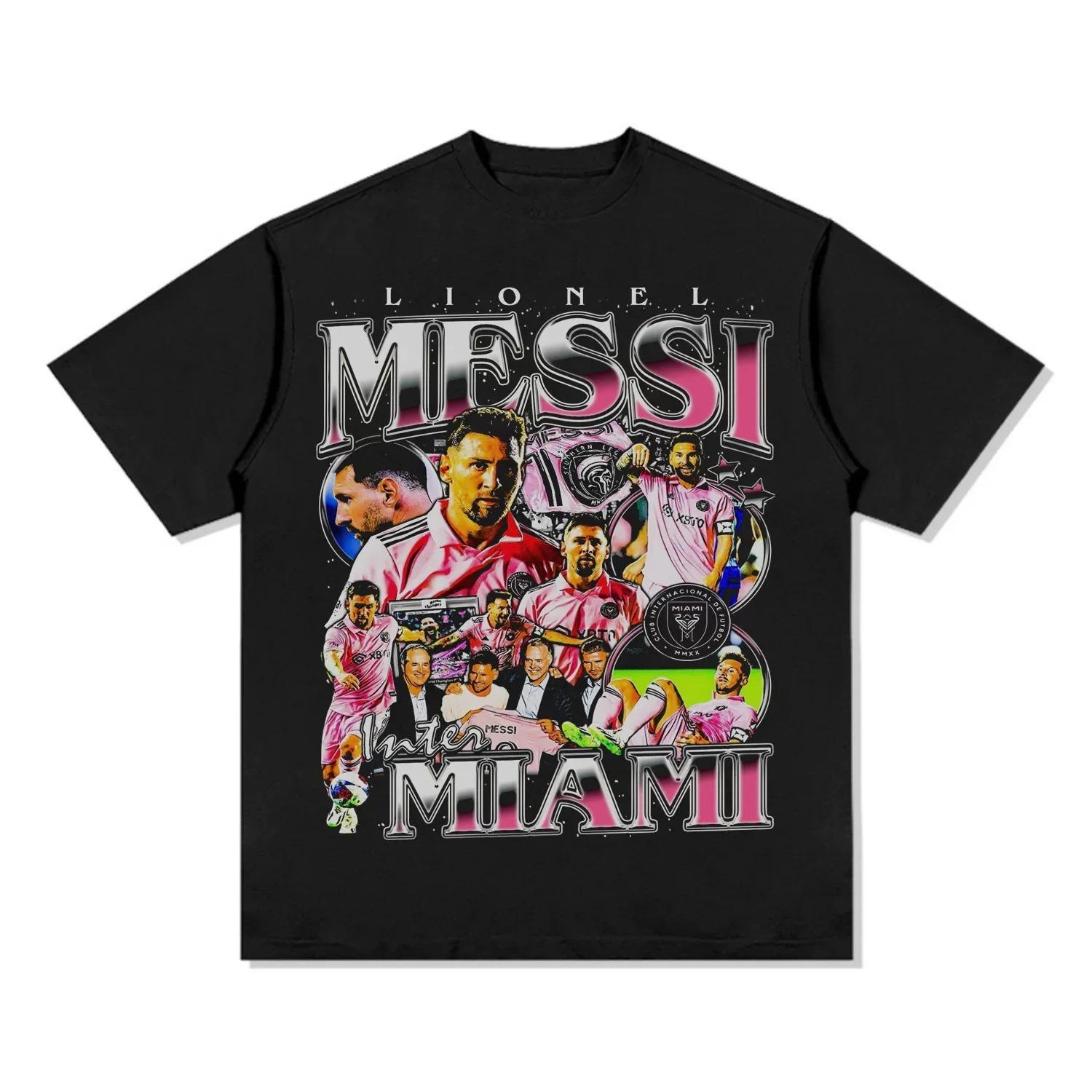 Retro Black Lionel Messi Inter Miami Football Star Collage Graphic Oversized Casual Cotton Short-Sleeve T-Shirt 4XL