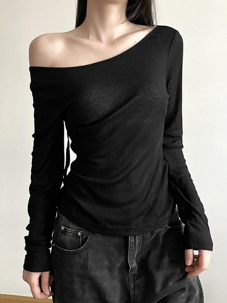 Women Autumn Long-sleeved Slash Neck Crops Tops Elastic Sexy Slim Backless T-Shirts Female New Fashion Lace-up Solid Top Tees