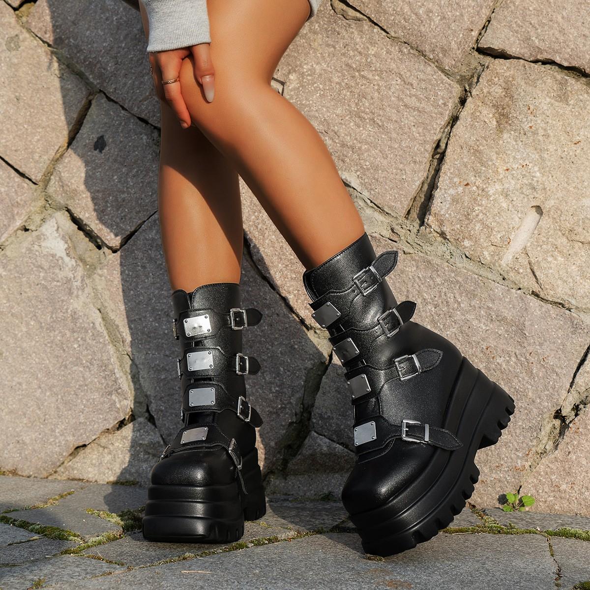 Fashion Gothic style wedge heel thick bottom belt buckle short boots Martin boots for women foreign trade large size women's boots cm nero