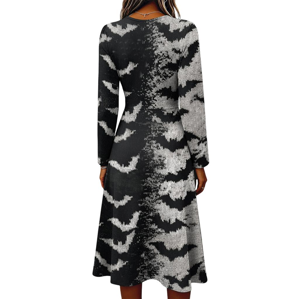 Women's Casual Halloween Print Long Sleeve V-Neck Dress with Pockets