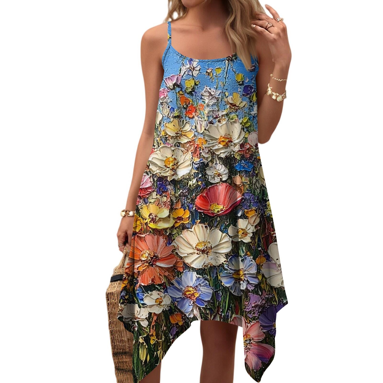 

Женское летнее повседневное винтажное платье на регулируемых бретелях с круглым вырезом и цветочным принтом, с карманами XL небесно-голубой