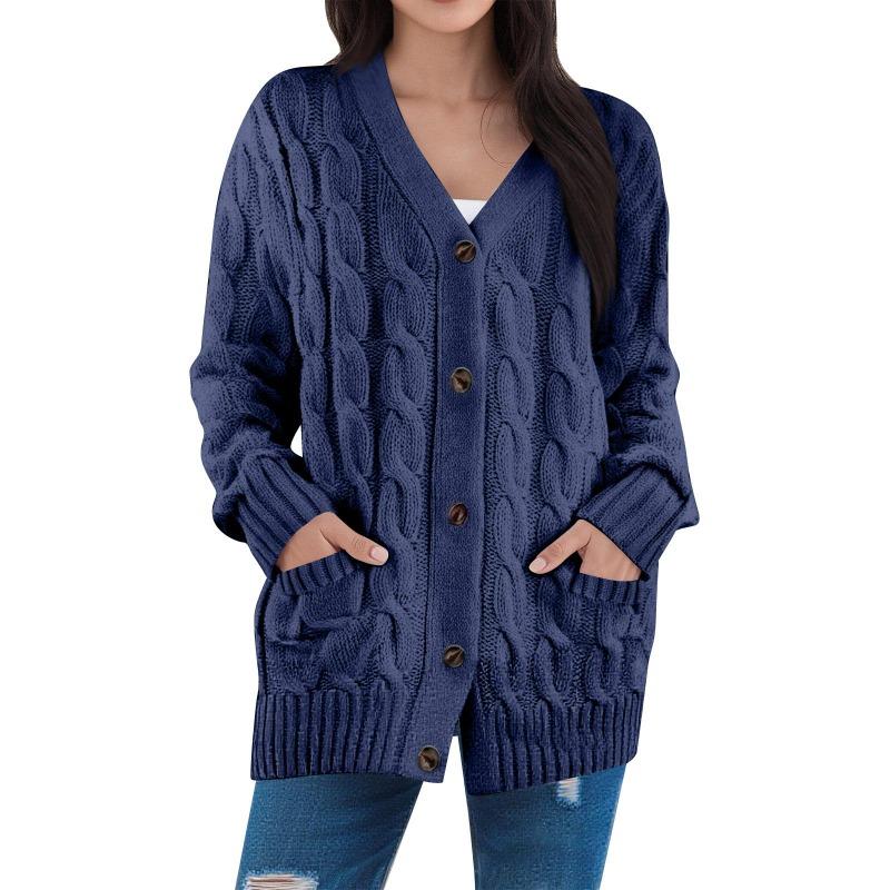 Damenmode Einfarbige Lässige Strickjacke Zopfmuster Knopf Strickjackenpullover
