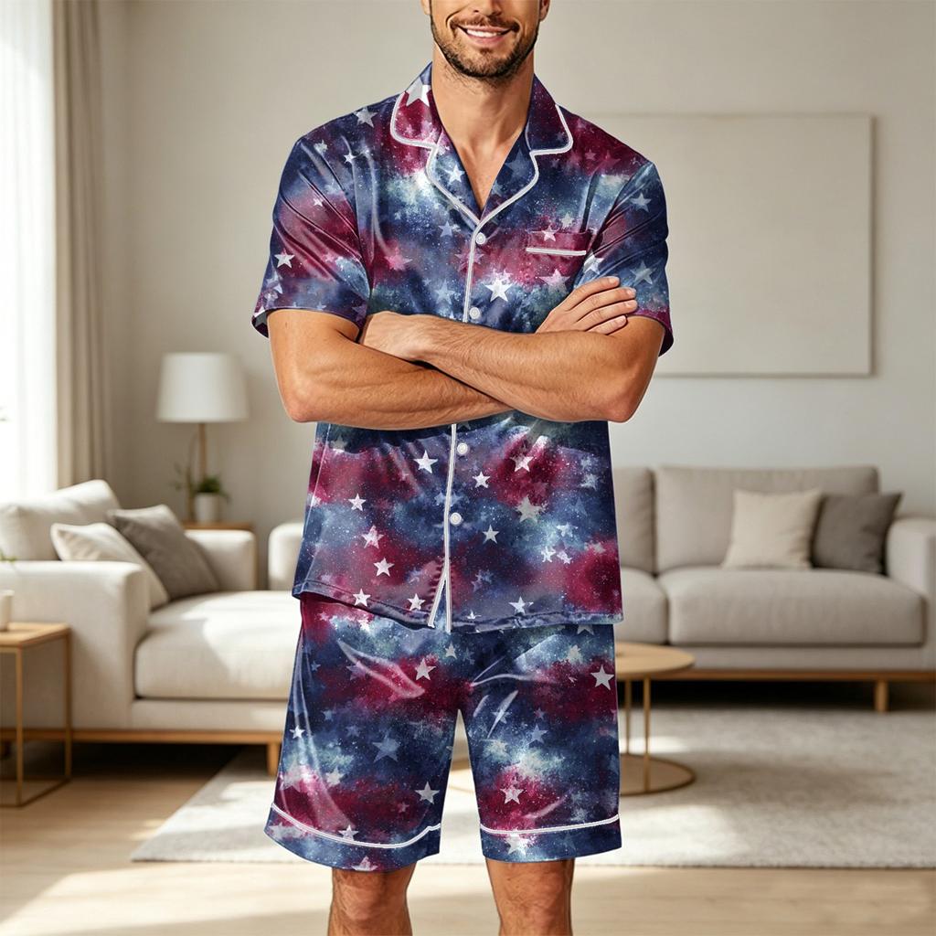 Men Satin Short Sleeve Pajama Set Two Piece Sleepwear with Shorts and Pocket Lightweight Smooth Fabric Comfortable Fit