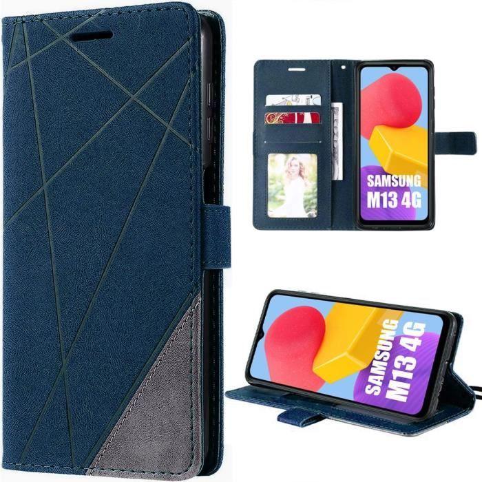 Coque pour samsung galaxy m13 protection 360 effet cuir flip case bleu marine