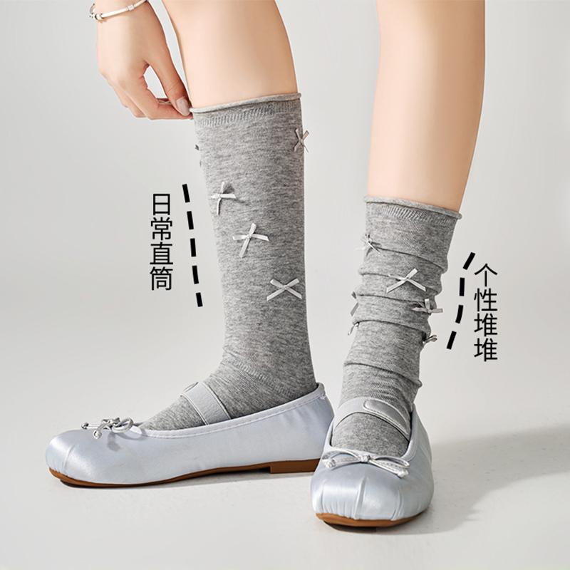 Ladies' Bow Ballet Style Pile Socks Versatile, Breathable, Comfortable, Combed Cotton Calf Socks for Spring and Summer