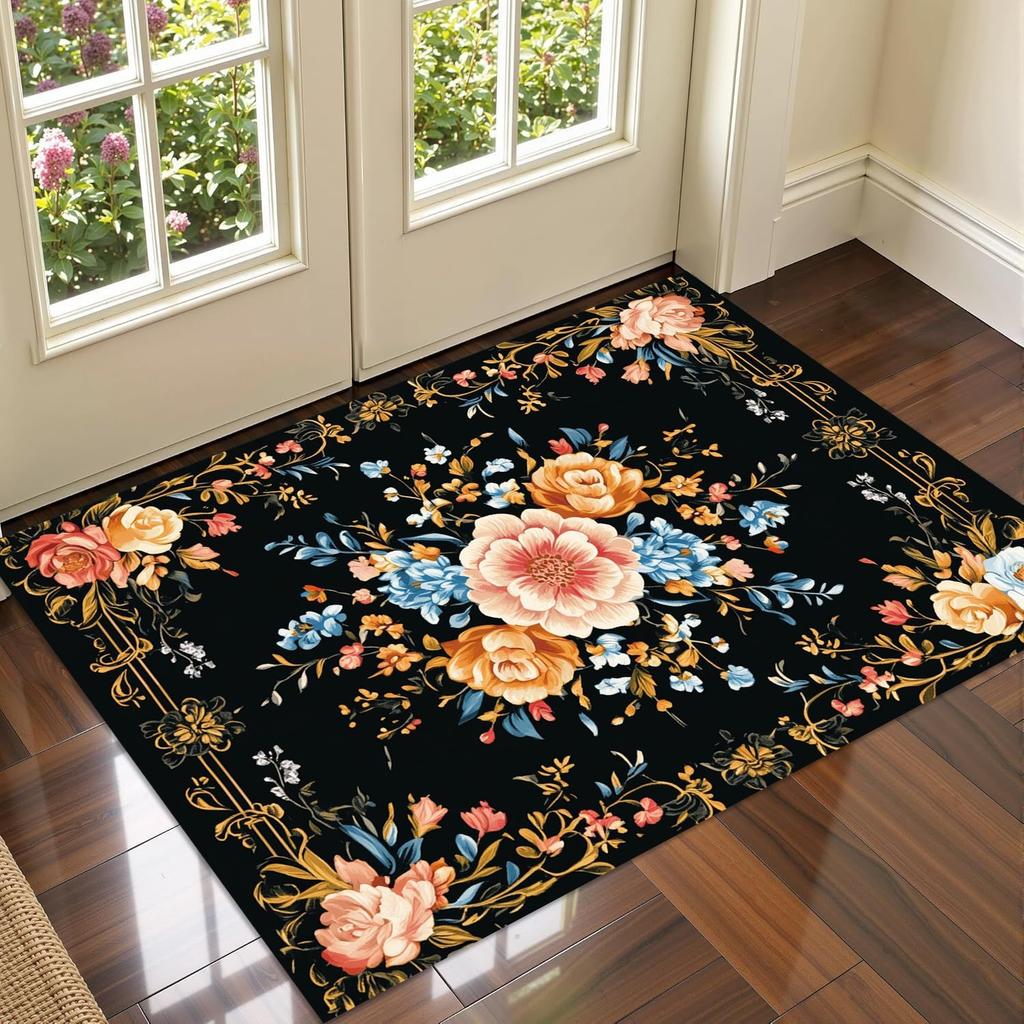 Vintage Floral Print Door Mat for Entrance Way Indoor Door Mat for Entrance Mat for Front Door Mat No Slip Kitchen Rugs and Mats